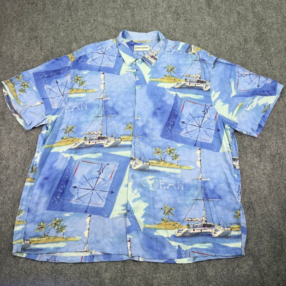 Jams‎ World Shirt Mens XXL Blue Catamaran Ocean Compass Hawaiian Japanese Rayon